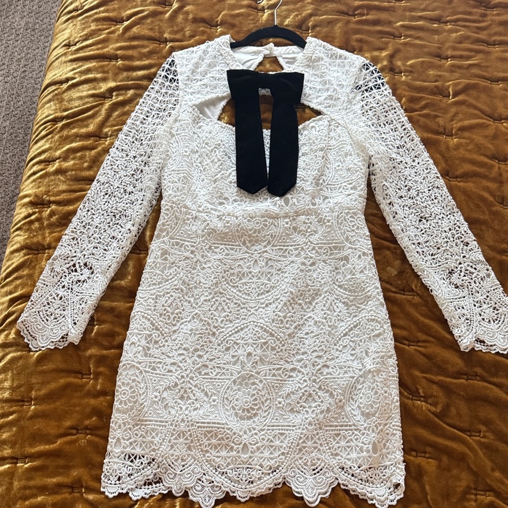 Mossman Women's White Lace Long-Sleeve Dress with Black Bow Detail